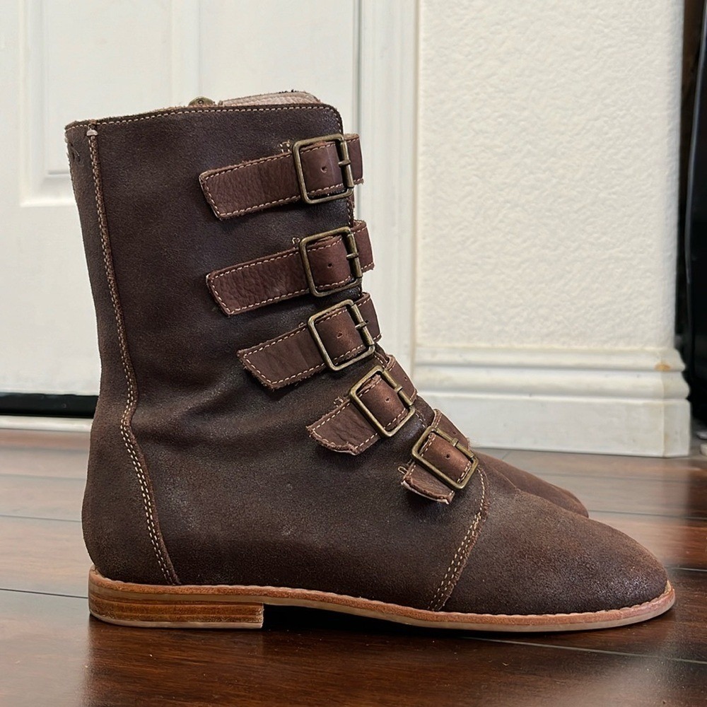 Olukai Elima Suede Multi Buckle Strap Mid Calf Boots Women Size 7 Brown Moto Zip